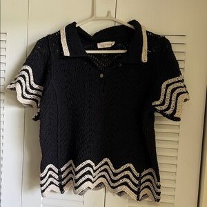 Solitaire Black Crochet Polo Top with Cream Wave Trim